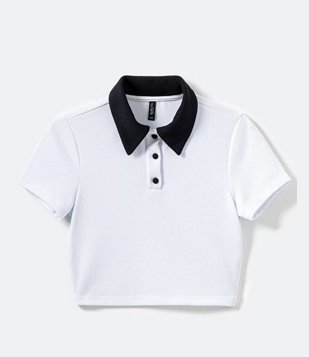 Blusa Cropped com Gola Polo Manga Curta e Botões Contrastantes Branco