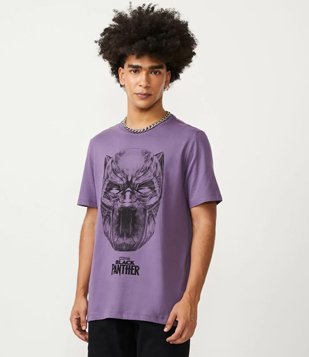 Camiseta Regular em Meia Malha com Estampa do Pantera Negra Roxo 