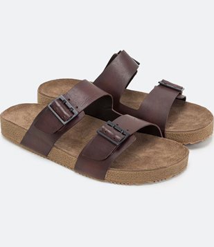 Sandália Slide em Couro com Tiras e Fivela Marrom