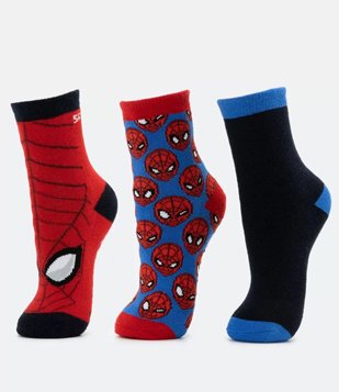 Kit 03 Pares de Meias Infantil Estampa Homem Aranha - Tam 19/22 a 31/34 Preto/Vermelho/Azul