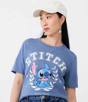Camiseta em Algodão com Manga Curta com Estampa Stitch Azul 