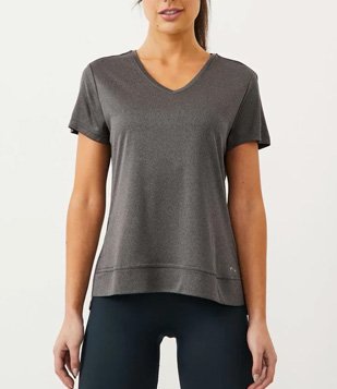 Camiseta Esportiva com Gola V e Barra Mullet Cinza