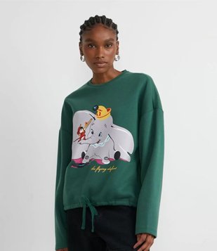 Blusão Fechado em Moletom com Estampa Dumbo e Amarração Verde