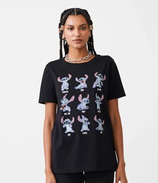 Camiseta em Algodão com Manga Curta e Estampa Stitch Preto