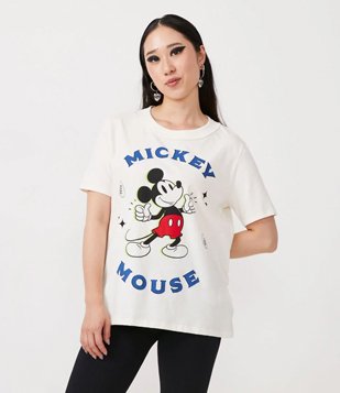Blusa Alongada em Meia Malha com Estampa Mickey Mouse Bege
