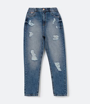 Calça Mom Jeans com Elástico na Cintura Destroyed Azul 