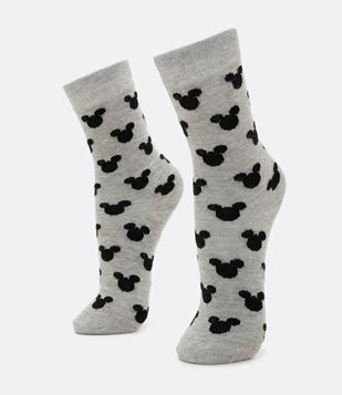 Meia Cano Alto em Algodão com Padronagem Mickey Cinza 