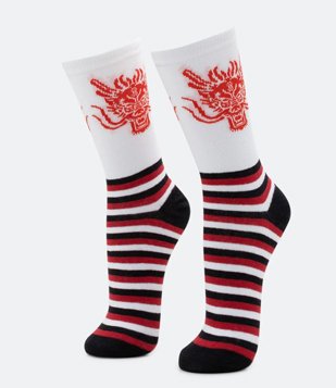 Meia Cano Longo em Algodão com Estampa de Dragão Branco