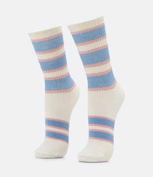 Meia Cano Alto Em Algodão Com Listras Azul