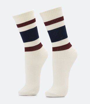 Meia Cano Alto Em Algodão Com Listras Contrastantes Off White