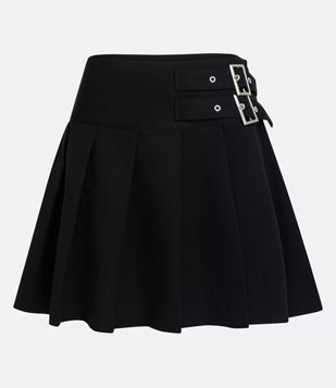 Saia Curta Alfaiataria Plissada com Fivelas no Cós Preto