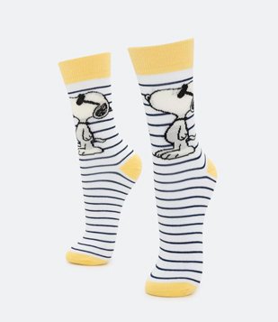 Meia Cano Alto em Algodão Listrada com Estampa Snoopy Branco