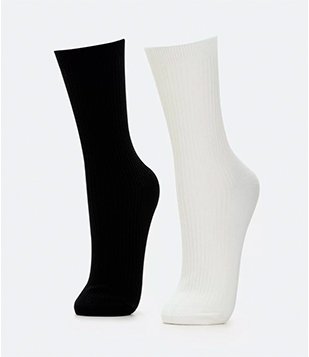 Kit 02 Pares De Meias Cano Alto Com Textura Canelada Preto E Branco