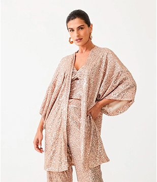 Kimono Amplo Em Malha Com Paetês Dourado