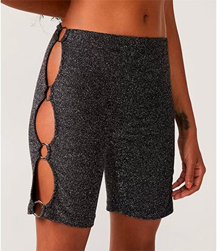 Bermuda Biker Em Fio Metalizado E Recortes Laterais Cinza