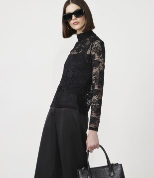 Blusa Em Renda Com Manga Longa Preto