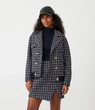 Jaqueta Bomber Em Tweed Com Estampa Pied-De-Poule Azul