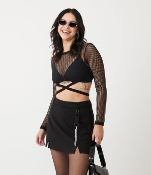 Blusa Cropped Telada Com Manga Longa E Amarração Na Cintura Preto