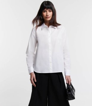 Camisa Manga Longa Em Tricoline Com Punho Largo Off White