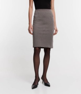 Saia Lápis Em Ponto Roma Com Estampa Xadrez Marrom