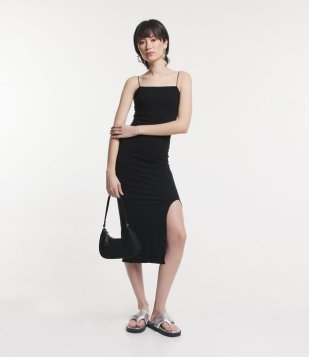 Vestido Midi De Alça Em RIbana Com Fenda Lateral Preto