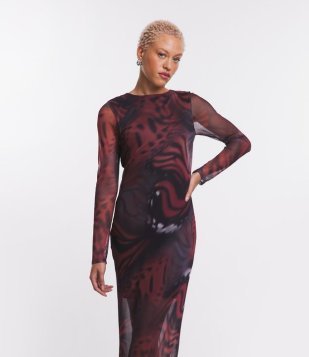 Vestido New Midi Em Tule Com Estampa Abstrata Asa De Borboleta Preto