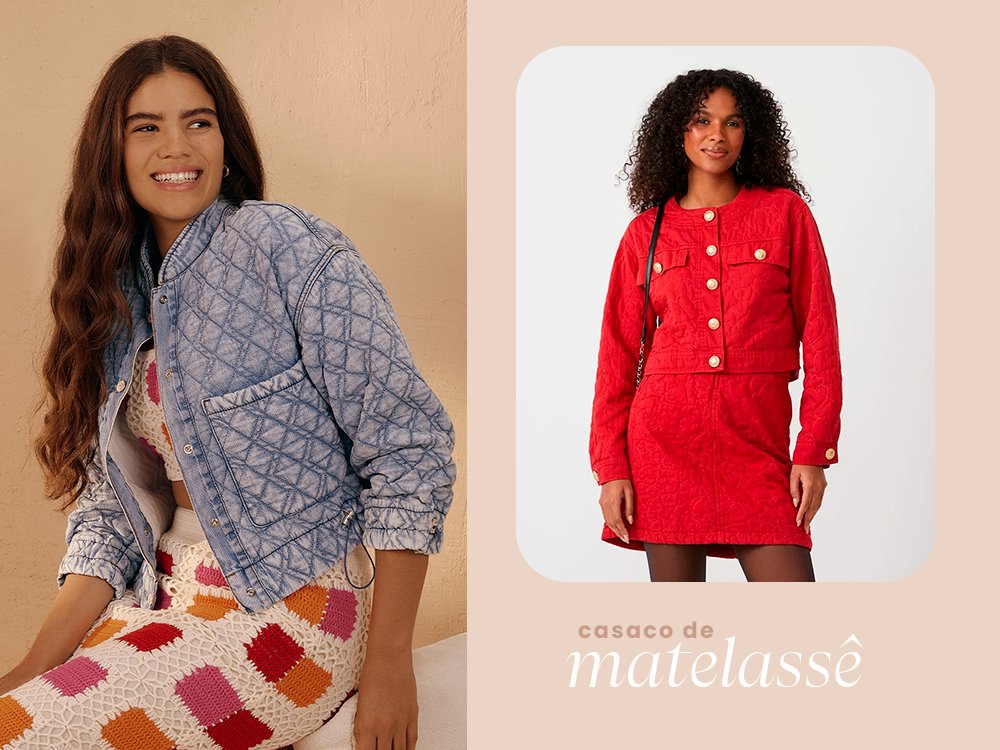 Imagem com uma mulher vestindo um conjunto vermelho de jaqueta e saia curta vermelha. Mulher vestindo um casaco estampadado e um conjuto estampado de saia midi e blusa cropped.