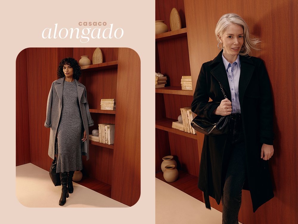 Mulher vestindo um casaco e um vestido longo cinza. Mulher vestindo uma camisa lilas, um sobretudo preta, uma calça preta e u ma bolsa preta.