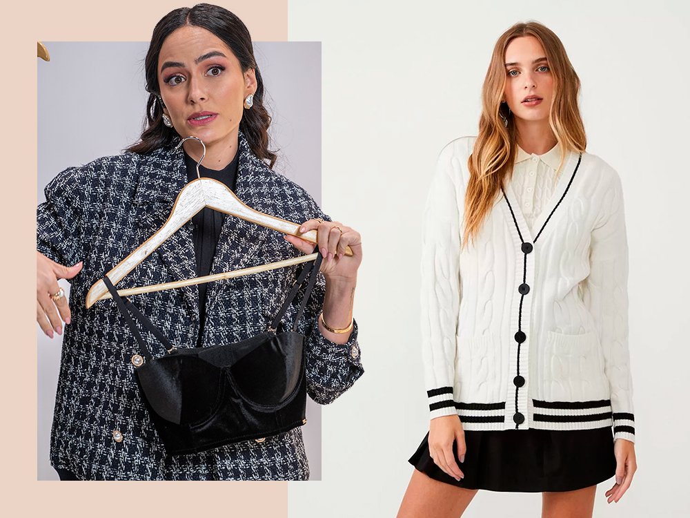 Mulher vestindo um blazer de tweed xadrez e esta segurando um top cropped preto no cabide. Mulher vestindo um cardigã branco e uma saia curta preto