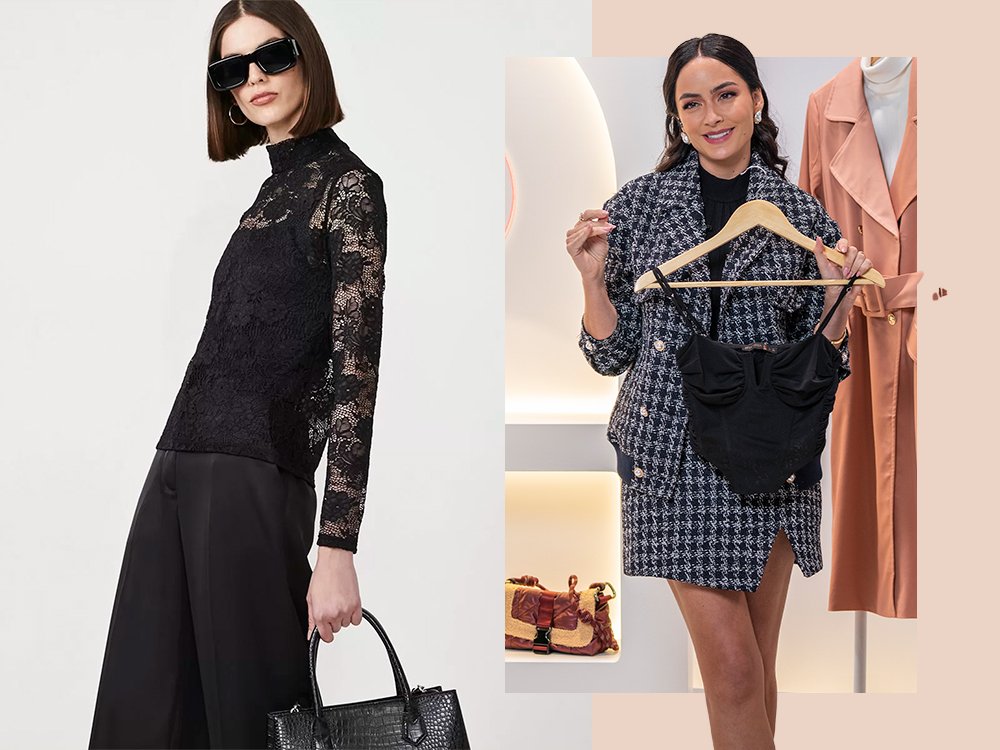 Mulher vestindo uma blusa preta de manga comprida de renda, uma calça preta e esta segurando uma bolsa. Mulher vestindo um blazer tweed xadrez, uma saia curta de tweed com fenda xadrez e uma blusa de gola alta preta e esta segurando uma blusa cropped preto no cabide.