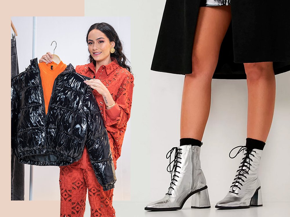 Mulher vestindo uma camisa de renda vermelha, uma calça de renda vermelha e esta segurando uma jaqueta puffer preta. Ao lado uma bota prateada.