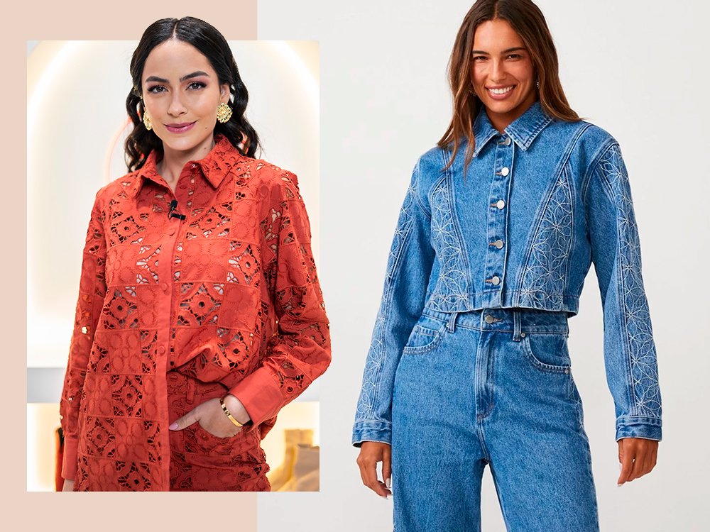 Mulher vestindo uma camisa de renda vermelha. Mulher vestindo uma jaqueta jeans e uma calça jeans