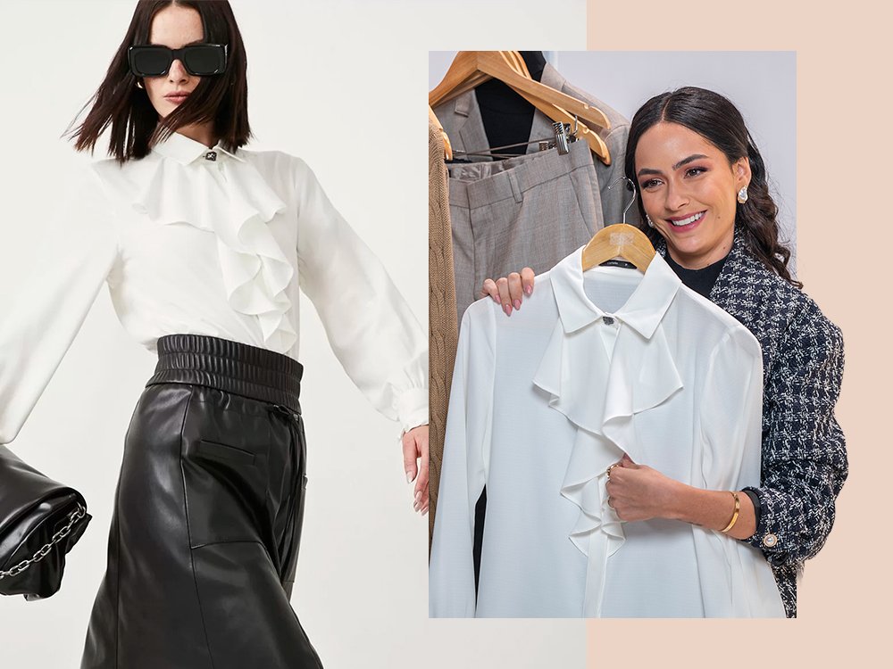 Mulher vestindo uma camisa de branca com babados e uma saia preta. Ao lado uma mulher vestindo um blazer de tweed xadre segurando uma camisa branca com babados