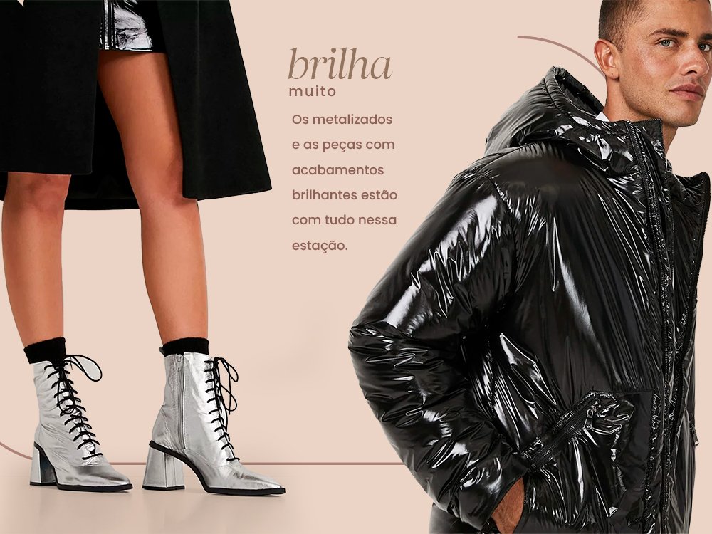 Homem vestindo uma jaqueta puffer. Ao lado tem uma bota prateda