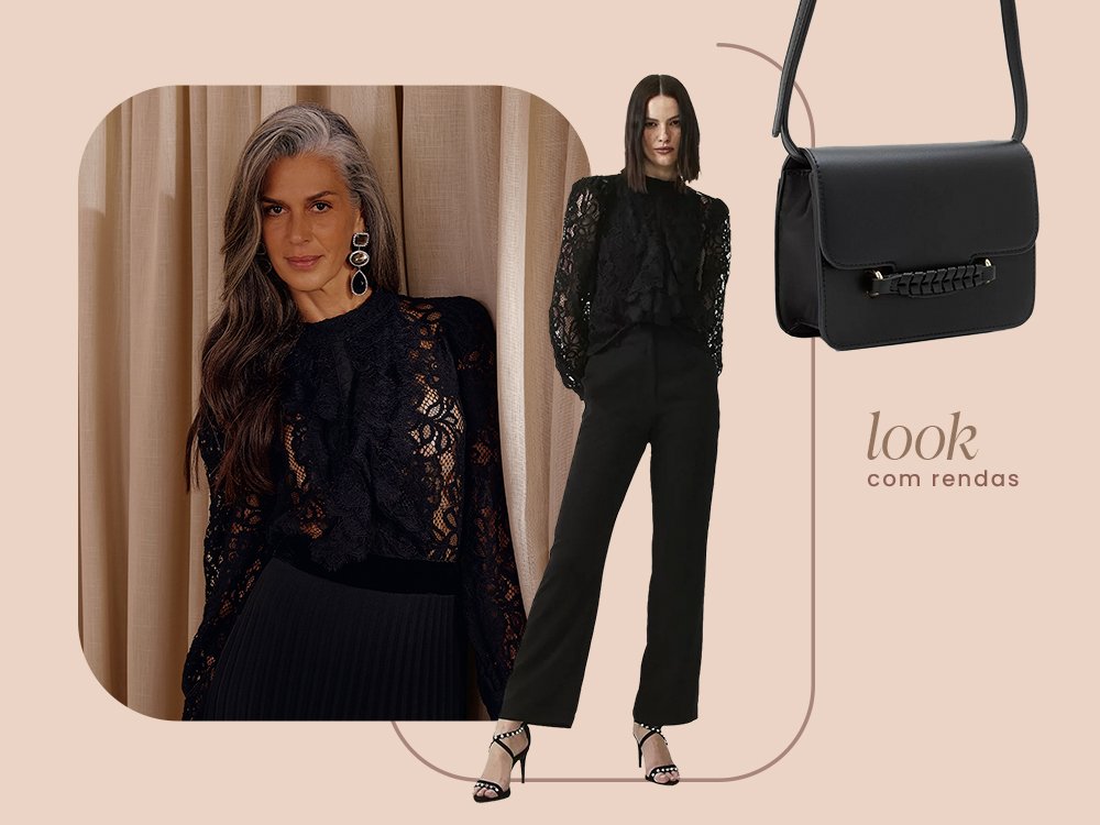 Mulher vestindo uma blusa de manga comprida de renda. Mulher vestindo uma blusa de manga comprida de renda, uma calça reta preta e um sandália preta, e ao lado tem uma bolsa preta.