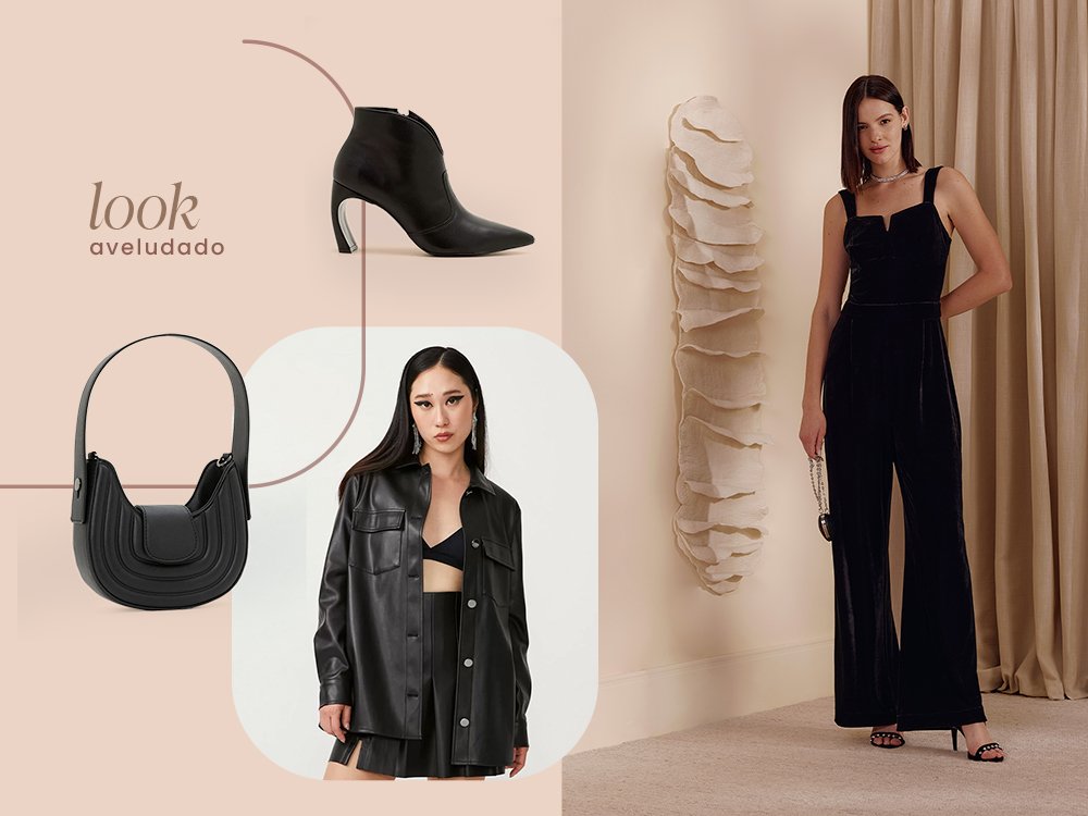 Uma mulher vestindo um macacão comprido preto. Uma mulher vestindo uma jaqueta preta, uma saia midi e um cropped preto. Ao lado uma v=bolsa preta e uma bota de cano curto preto