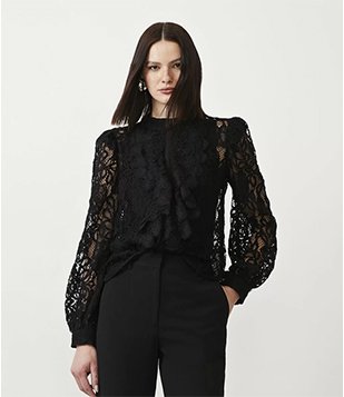 Blusa em Renda com Babado Frontal e Punho Ajustado Preto