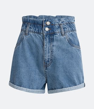 Short Mom Jeans Com Elástico No Cós E Barra Dobrada Azul