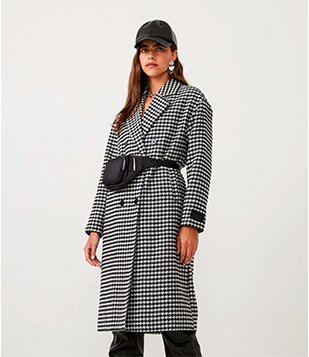 Casaco Alongado Em Polivelour Pied-De-Poule E Botões Aplicados Preto/Branco