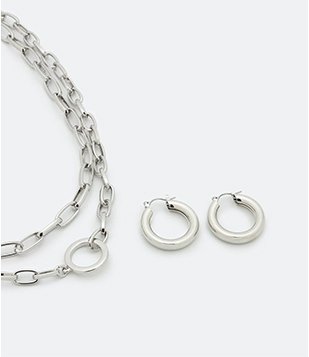 Conjunto Brinco e Colar Camada em Metal Estilo Contemporâneo Cinza