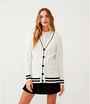 Cardigan Alongado Em Tricô Com Botões E Listras Contrastantes Branco