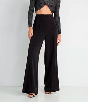 Calça Pantalona Em Crepe Com Friso Frontal Preto