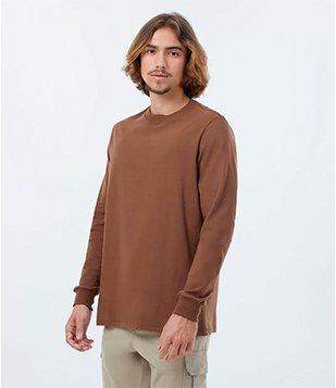 Camiseta Regular Básica em Algodão com Manga Longa Marrom
