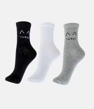 Kit 3 Meias Cano Alto em Algodão com Estampa de Gatinho Multicores