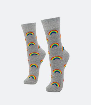 Meia Cano Alto em Algodão com Padronagem Arco-íris Cinza