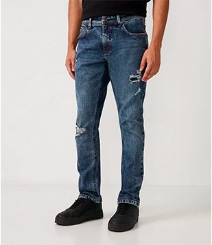 Calça Skinny Jeans Com Puídos E Bolsos Azul Escuro