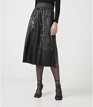 Saia Midi com Cós Elástico e Bolsos Frontais Preto