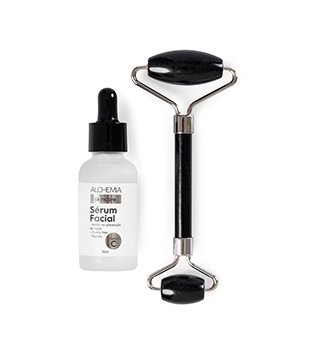 Kit Facial Massagem E Hidratação Com Sérum VitC + Rolo De Pedra Natural Obsidiana Alchemia 101,5G