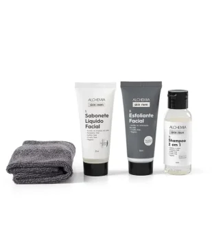 Kit Facial e Capilar Cuidados Essenciais com Sabonete Facial + Esfoliante Facial + Shampoo 2 em 1 + Toalha Facial Alchemia 118,5G 