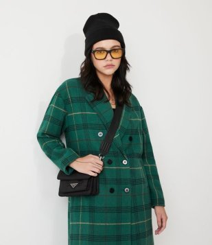 Casaco Longo Em Polivelour Com Abotoamento E Estampa Xadrez Verde
